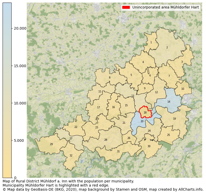 Map of Rural district Mühldorf a. Inn with the population per municipality.Municipality Mühldorfer Hart is highlighted with a red edge.. This page shows a lot of information about residents (such as the distribution by age groups, family composition, gender, native or German with an immigration background, ...), homes (numbers, types, price development, use, type of property, ...) and more (car ownership, energy consumption, ...) based on open data from the German Federal Agency for Cartography, the Federal Statistical Office (DESTATIS), the Regional Statistical Offices and various other sources!