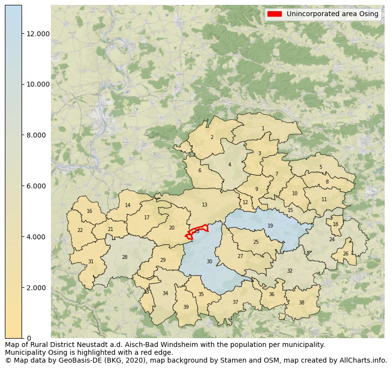 Map of Rural district Neustadt a.d. Aisch-Bad Windsheim with the population per municipality.Municipality Osing is highlighted with a red edge.. This page shows a lot of information about residents (such as the distribution by age groups, family composition, gender, native or German with an immigration background, ...), homes (numbers, types, price development, use, type of property, ...) and more (car ownership, energy consumption, ...) based on open data from the German Federal Agency for Cartography, the Federal Statistical Office (DESTATIS), the Regional Statistical Offices and various other sources!