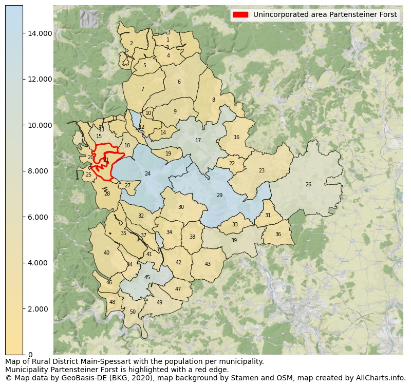 Map of Rural district Main-Spessart with the population per municipality.Municipality Partensteiner Forst is highlighted with a red edge.. This page shows a lot of information about residents (such as the distribution by age groups, family composition, gender, native or German with an immigration background, ...), homes (numbers, types, price development, use, type of property, ...) and more (car ownership, energy consumption, ...) based on open data from the German Federal Agency for Cartography, the Federal Statistical Office (DESTATIS), the Regional Statistical Offices and various other sources!