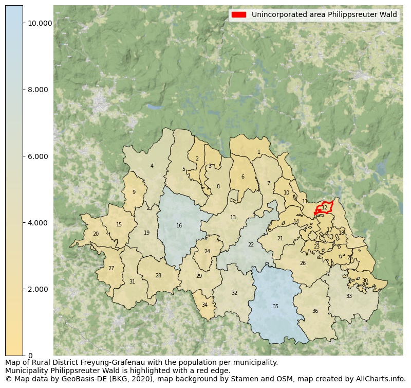 Map of Rural district Freyung-Grafenau with the population per municipality.Municipality Philippsreuter Wald is highlighted with a red edge.. This page shows a lot of information about residents (such as the distribution by age groups, family composition, gender, native or German with an immigration background, ...), homes (numbers, types, price development, use, type of property, ...) and more (car ownership, energy consumption, ...) based on open data from the German Federal Agency for Cartography, the Federal Statistical Office (DESTATIS), the Regional Statistical Offices and various other sources!