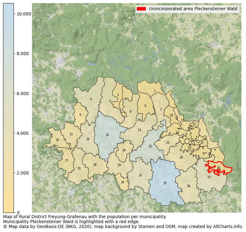 Map of Rural district Freyung-Grafenau with the population per municipality.Municipality Pleckensteiner Wald is highlighted with a red edge.. This page shows a lot of information about residents (such as the distribution by age groups, family composition, gender, native or German with an immigration background, ...), homes (numbers, types, price development, use, type of property, ...) and more (car ownership, energy consumption, ...) based on open data from the German Federal Agency for Cartography, the Federal Statistical Office (DESTATIS), the Regional Statistical Offices and various other sources!