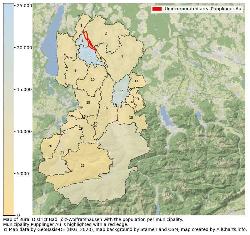 Map of Rural district Bad Tölz-Wolfratshausen with the population per municipality.Municipality Pupplinger Au is highlighted with a red edge.. This page shows a lot of information about residents (such as the distribution by age groups, family composition, gender, native or German with an immigration background, ...), homes (numbers, types, price development, use, type of property, ...) and more (car ownership, energy consumption, ...) based on open data from the German Federal Agency for Cartography, the Federal Statistical Office (DESTATIS), the Regional Statistical Offices and various other sources!