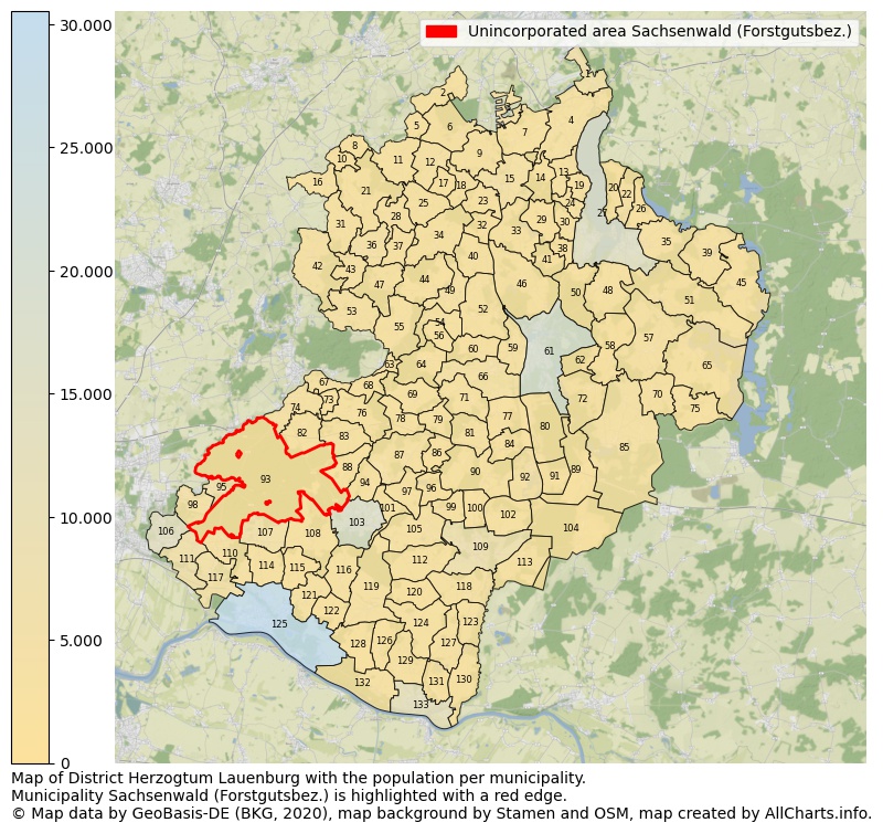 Map of District Herzogtum Lauenburg with the population per municipality.Municipality Sachsenwald (Forstgutsbez.) is highlighted with a red edge.. This page shows a lot of information about residents (such as the distribution by age groups, family composition, gender, native or German with an immigration background, ...), homes (numbers, types, price development, use, type of property, ...) and more (car ownership, energy consumption, ...) based on open data from the German Federal Agency for Cartography, the Federal Statistical Office (DESTATIS), the Regional Statistical Offices and various other sources!
