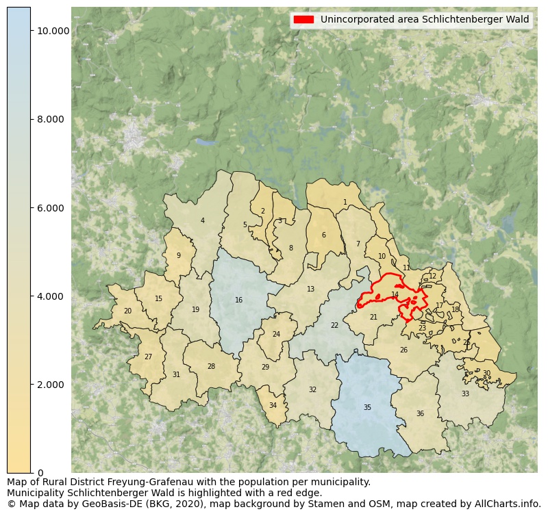 Map of Rural district Freyung-Grafenau with the population per municipality.Municipality Schlichtenberger Wald is highlighted with a red edge.. This page shows a lot of information about residents (such as the distribution by age groups, family composition, gender, native or German with an immigration background, ...), homes (numbers, types, price development, use, type of property, ...) and more (car ownership, energy consumption, ...) based on open data from the German Federal Agency for Cartography, the Federal Statistical Office (DESTATIS), the Regional Statistical Offices and various other sources!