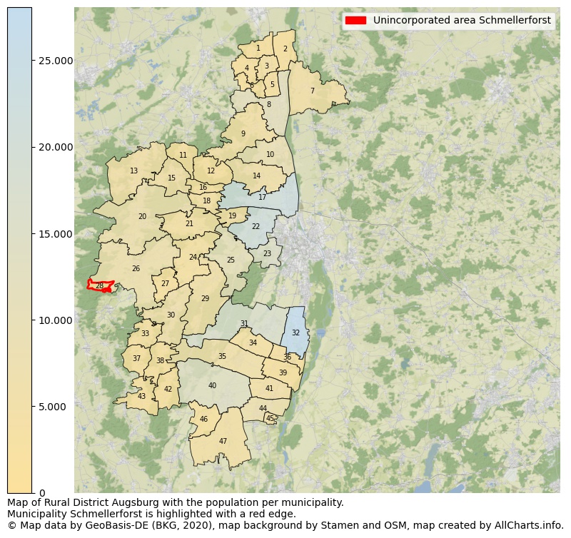 Map of Rural district Augsburg with the population per municipality.Municipality Schmellerforst is highlighted with a red edge.. This page shows a lot of information about residents (such as the distribution by age groups, family composition, gender, native or German with an immigration background, ...), homes (numbers, types, price development, use, type of property, ...) and more (car ownership, energy consumption, ...) based on open data from the German Federal Agency for Cartography, the Federal Statistical Office (DESTATIS), the Regional Statistical Offices and various other sources!