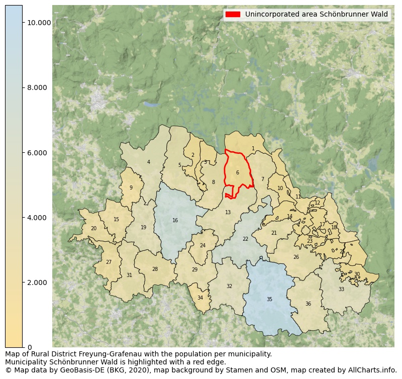 Map of Rural district Freyung-Grafenau with the population per municipality.Municipality Schönbrunner Wald is highlighted with a red edge.. This page shows a lot of information about residents (such as the distribution by age groups, family composition, gender, native or German with an immigration background, ...), homes (numbers, types, price development, use, type of property, ...) and more (car ownership, energy consumption, ...) based on open data from the German Federal Agency for Cartography, the Federal Statistical Office (DESTATIS), the Regional Statistical Offices and various other sources!