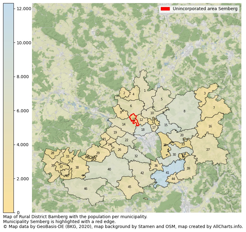 Map of Rural district Bamberg with the population per municipality.Municipality Semberg is highlighted with a red edge.. This page shows a lot of information about residents (such as the distribution by age groups, family composition, gender, native or German with an immigration background, ...), homes (numbers, types, price development, use, type of property, ...) and more (car ownership, energy consumption, ...) based on open data from the German Federal Agency for Cartography, the Federal Statistical Office (DESTATIS), the Regional Statistical Offices and various other sources!