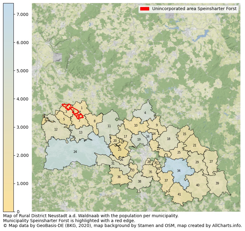 Map of Rural district Neustadt a.d. Waldnaab with the population per municipality.Municipality Speinsharter Forst is highlighted with a red edge.. This page shows a lot of information about residents (such as the distribution by age groups, family composition, gender, native or German with an immigration background, ...), homes (numbers, types, price development, use, type of property, ...) and more (car ownership, energy consumption, ...) based on open data from the German Federal Agency for Cartography, the Federal Statistical Office (DESTATIS), the Regional Statistical Offices and various other sources!