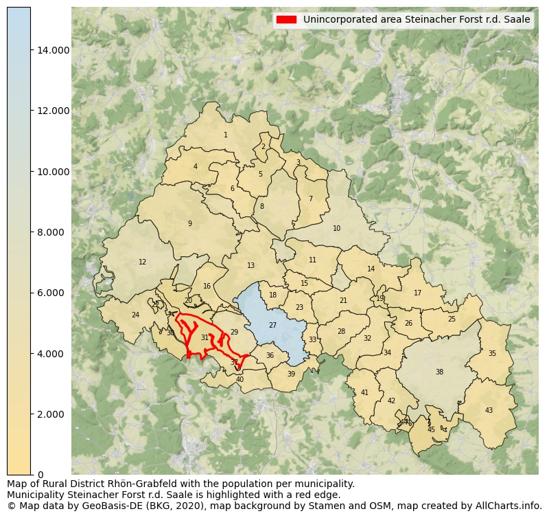 Map of Rural district Rhön-Grabfeld with the population per municipality.Municipality Steinacher Forst r.d. Saale is highlighted with a red edge.. This page shows a lot of information about residents (such as the distribution by age groups, family composition, gender, native or German with an immigration background, ...), homes (numbers, types, price development, use, type of property, ...) and more (car ownership, energy consumption, ...) based on open data from the German Federal Agency for Cartography, the Federal Statistical Office (DESTATIS), the Regional Statistical Offices and various other sources!
