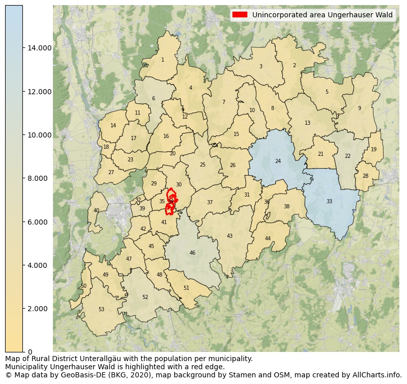 Map of Rural district Unterallgäu with the population per municipality.Municipality Ungerhauser Wald is highlighted with a red edge.. This page shows a lot of information about residents (such as the distribution by age groups, family composition, gender, native or German with an immigration background, ...), homes (numbers, types, price development, use, type of property, ...) and more (car ownership, energy consumption, ...) based on open data from the German Federal Agency for Cartography, the Federal Statistical Office (DESTATIS), the Regional Statistical Offices and various other sources!