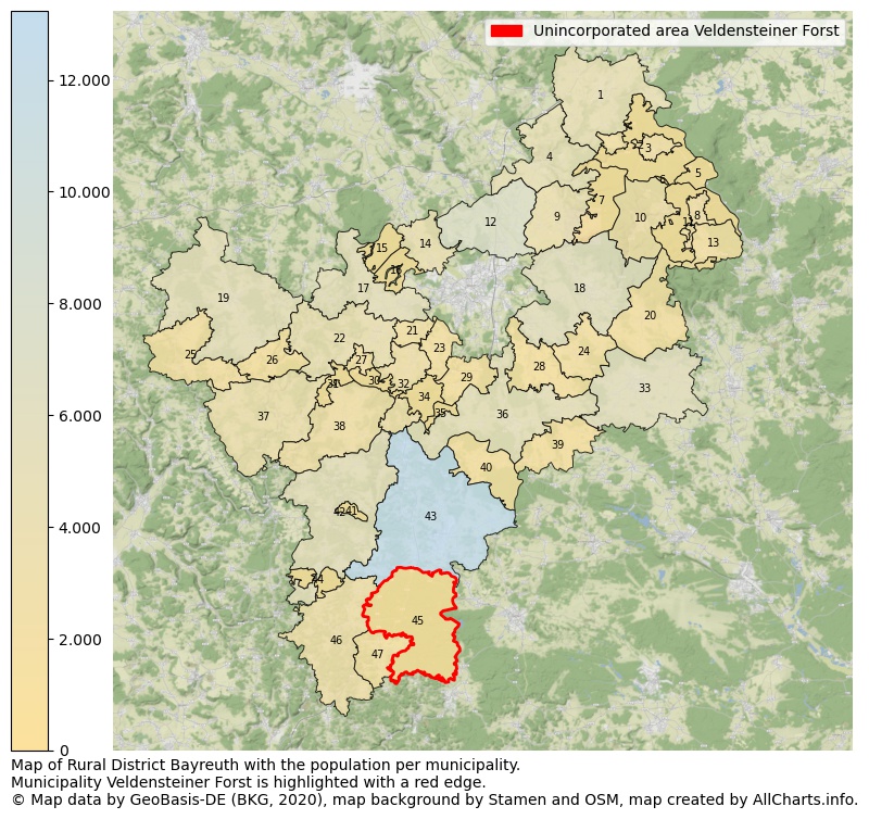 Map of Rural district Bayreuth with the population per municipality.Municipality Veldensteiner Forst is highlighted with a red edge.. This page shows a lot of information about residents (such as the distribution by age groups, family composition, gender, native or German with an immigration background, ...), homes (numbers, types, price development, use, type of property, ...) and more (car ownership, energy consumption, ...) based on open data from the German Federal Agency for Cartography, the Federal Statistical Office (DESTATIS), the Regional Statistical Offices and various other sources!
