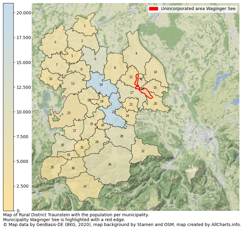Map of Rural district Traunstein with the population per municipality.Municipality Waginger See is highlighted with a red edge.. This page shows a lot of information about residents (such as the distribution by age groups, family composition, gender, native or German with an immigration background, ...), homes (numbers, types, price development, use, type of property, ...) and more (car ownership, energy consumption, ...) based on open data from the German Federal Agency for Cartography, the Federal Statistical Office (DESTATIS), the Regional Statistical Offices and various other sources!