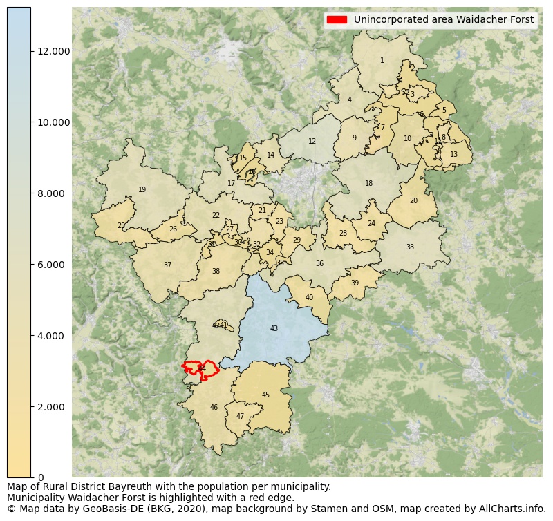 Map of Rural district Bayreuth with the population per municipality.Municipality Waidacher Forst is highlighted with a red edge.. This page shows a lot of information about residents (such as the distribution by age groups, family composition, gender, native or German with an immigration background, ...), homes (numbers, types, price development, use, type of property, ...) and more (car ownership, energy consumption, ...) based on open data from the German Federal Agency for Cartography, the Federal Statistical Office (DESTATIS), the Regional Statistical Offices and various other sources!