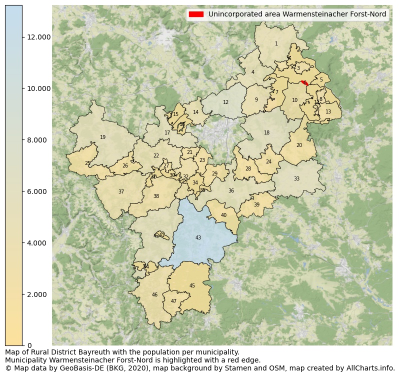 Map of Rural district Bayreuth with the population per municipality.Municipality Warmensteinacher Forst-Nord is highlighted with a red edge.. This page shows a lot of information about residents (such as the distribution by age groups, family composition, gender, native or German with an immigration background, ...), homes (numbers, types, price development, use, type of property, ...) and more (car ownership, energy consumption, ...) based on open data from the German Federal Agency for Cartography, the Federal Statistical Office (DESTATIS), the Regional Statistical Offices and various other sources!