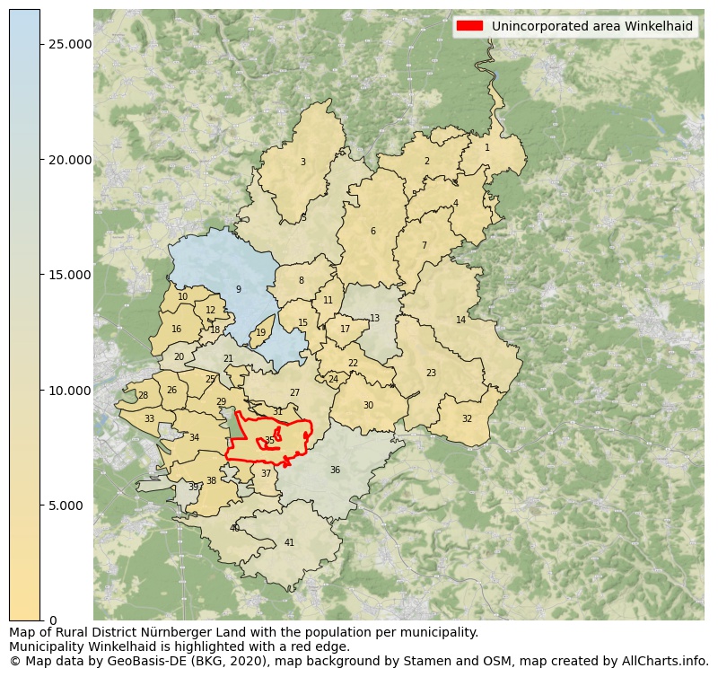 Map of Rural district Nürnberger Land with the population per municipality.Municipality Winkelhaid is highlighted with a red edge.. This page shows a lot of information about residents (such as the distribution by age groups, family composition, gender, native or German with an immigration background, ...), homes (numbers, types, price development, use, type of property, ...) and more (car ownership, energy consumption, ...) based on open data from the German Federal Agency for Cartography, the Federal Statistical Office (DESTATIS), the Regional Statistical Offices and various other sources!
