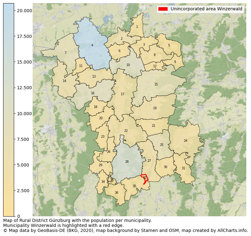 Map of Rural district Günzburg with the population per municipality.Municipality Winzerwald is highlighted with a red edge.. This page shows a lot of information about residents (such as the distribution by age groups, family composition, gender, native or German with an immigration background, ...), homes (numbers, types, price development, use, type of property, ...) and more (car ownership, energy consumption, ...) based on open data from the German Federal Agency for Cartography, the Federal Statistical Office (DESTATIS), the Regional Statistical Offices and various other sources!