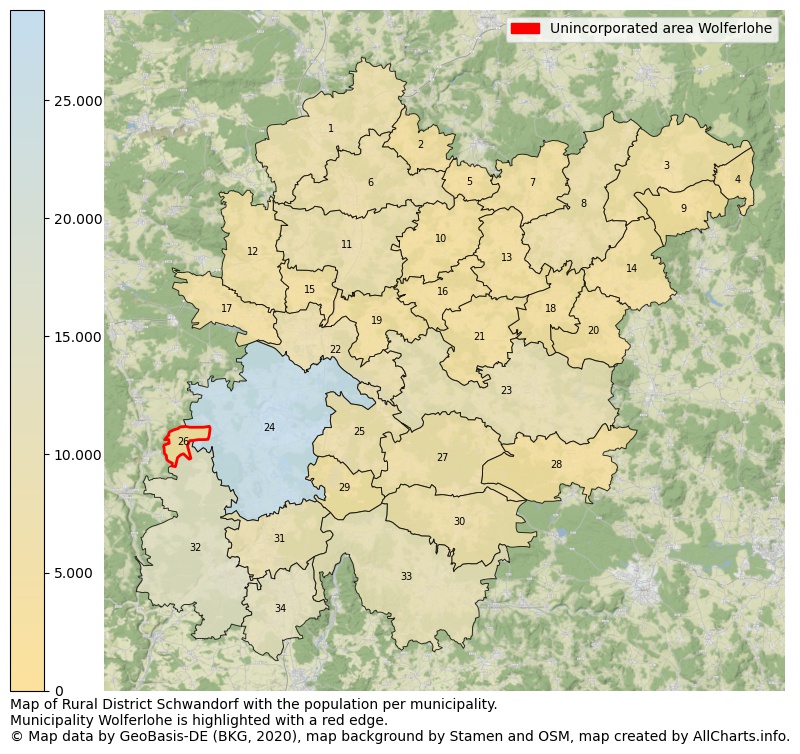 Map of Rural district Schwandorf with the population per municipality.Municipality Wolferlohe is highlighted with a red edge.. This page shows a lot of information about residents (such as the distribution by age groups, family composition, gender, native or German with an immigration background, ...), homes (numbers, types, price development, use, type of property, ...) and more (car ownership, energy consumption, ...) based on open data from the German Federal Agency for Cartography, the Federal Statistical Office (DESTATIS), the Regional Statistical Offices and various other sources!