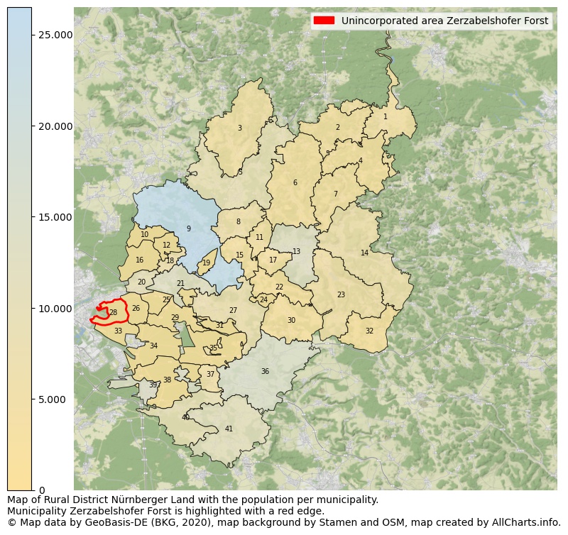 Map of Rural district Nürnberger Land with the population per municipality.Municipality Zerzabelshofer Forst is highlighted with a red edge.. This page shows a lot of information about residents (such as the distribution by age groups, family composition, gender, native or German with an immigration background, ...), homes (numbers, types, price development, use, type of property, ...) and more (car ownership, energy consumption, ...) based on open data from the German Federal Agency for Cartography, the Federal Statistical Office (DESTATIS), the Regional Statistical Offices and various other sources!