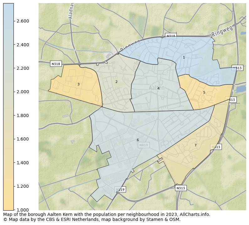 Map of the borough Aalten Kern with the population per neighbourhood in 2023. This page shows a lot of information about residents (such as the distribution by age groups, family composition, gender, native or Dutch with an immigration background, ...), homes (numbers, types, price development, use, type of property, ...) and more (car ownership, energy consumption, ...) based on open data from the Dutch Central Bureau of Statistics and various other sources!