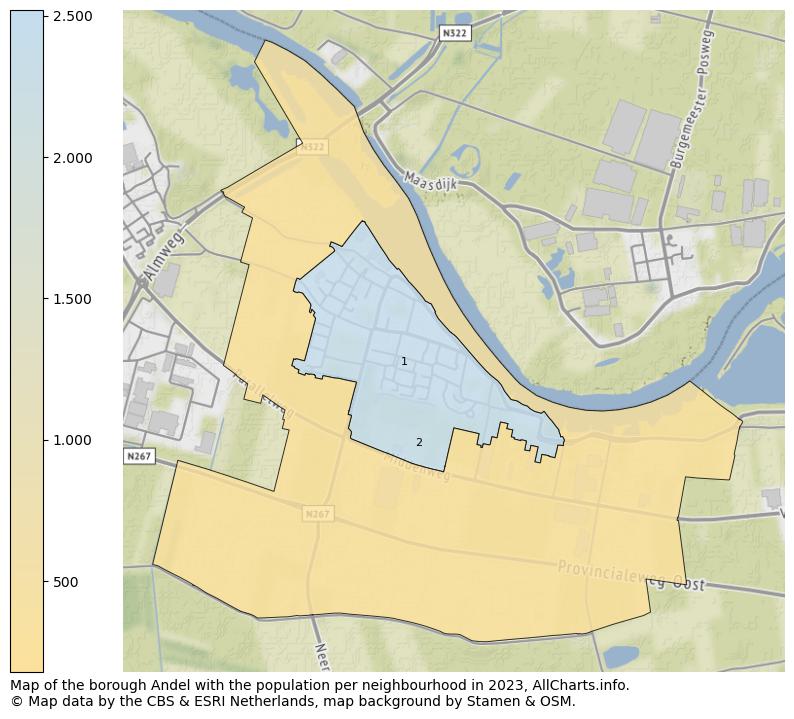 Map of the borough Andel with the population per neighbourhood in 2023. This page shows a lot of information about residents (such as the distribution by age groups, family composition, gender, native or Dutch with an immigration background, ...), homes (numbers, types, price development, use, type of property, ...) and more (car ownership, energy consumption, ...) based on open data from the Dutch Central Bureau of Statistics and various other sources!