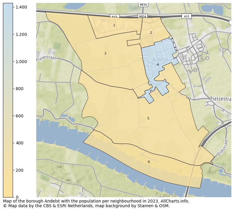 Map of the borough Andelst with the population per neighbourhood in 2023. This page shows a lot of information about residents (such as the distribution by age groups, family composition, gender, native or Dutch with an immigration background, ...), homes (numbers, types, price development, use, type of property, ...) and more (car ownership, energy consumption, ...) based on open data from the Dutch Central Bureau of Statistics and various other sources!
