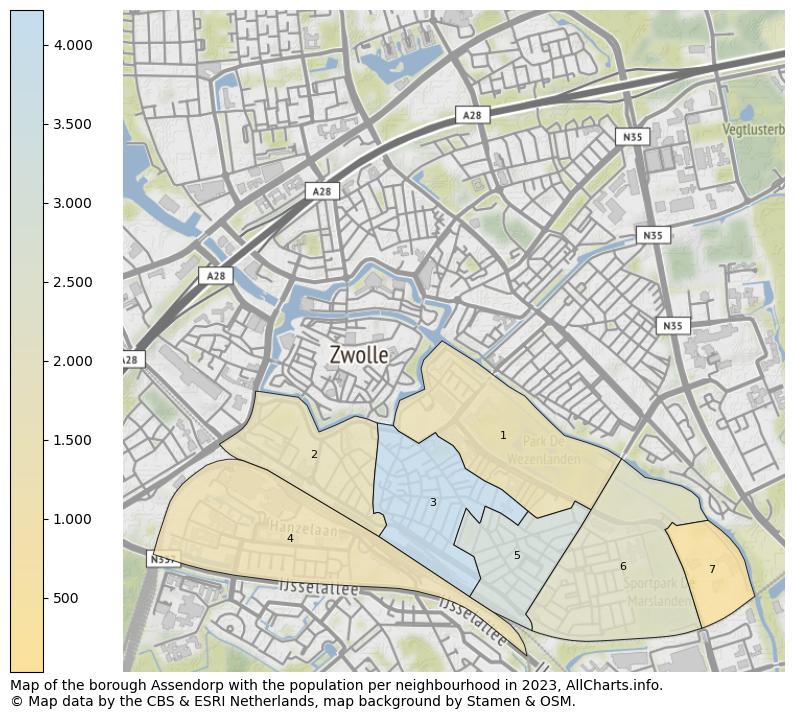 Map of the borough Assendorp with the population per neighbourhood in 2023. This page shows a lot of information about residents (such as the distribution by age groups, family composition, gender, native or Dutch with an immigration background, ...), homes (numbers, types, price development, use, type of property, ...) and more (car ownership, energy consumption, ...) based on open data from the Dutch Central Bureau of Statistics and various other sources!