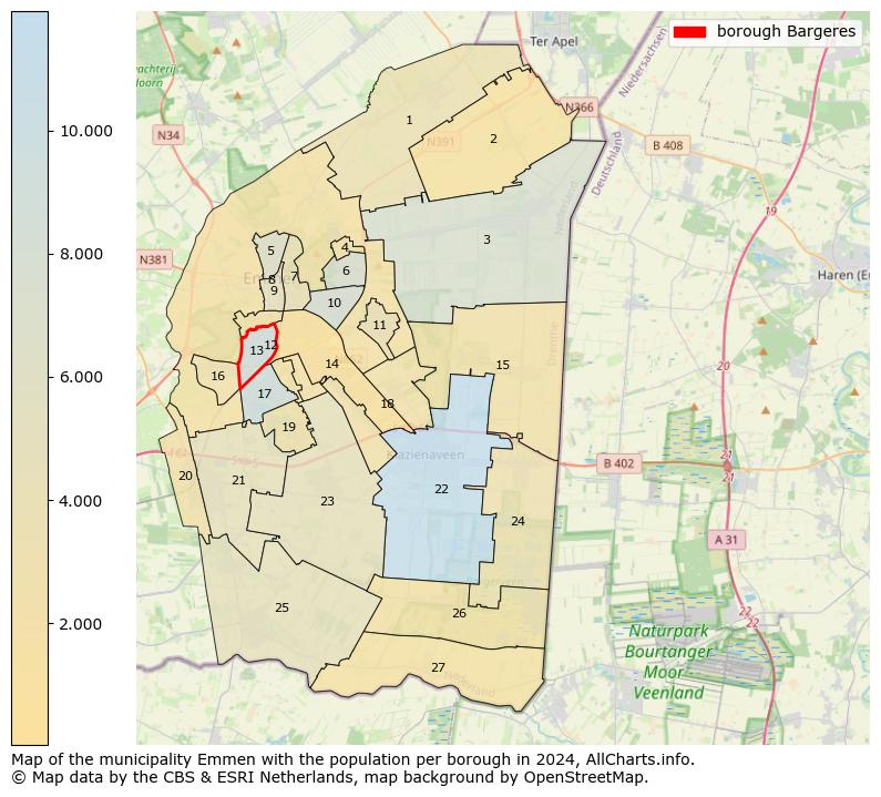 Image of the borough Bargeres at the map. This image is used as introduction to this page. This page shows a lot of information about the population in the borough Bargeres (such as the distribution by age groups of the residents, the composition of households, whether inhabitants are natives or Dutch with an immigration background, data about the houses (numbers, types, price development, use, type of property, ...) and more (car ownership, energy consumption, ...) based on open data from the Dutch Central Bureau of Statistics and various other sources!