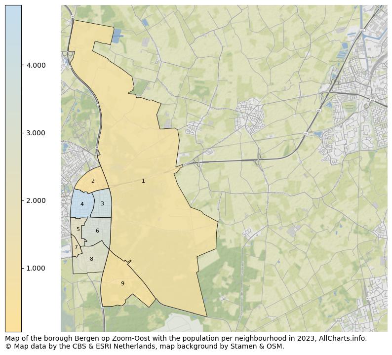 Map of the borough Bergen op Zoom-Oost with the population per neighbourhood in 2023. This page shows a lot of information about residents (such as the distribution by age groups, family composition, gender, native or Dutch with an immigration background, ...), homes (numbers, types, price development, use, type of property, ...) and more (car ownership, energy consumption, ...) based on open data from the Dutch Central Bureau of Statistics and various other sources!