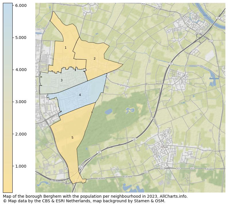 Map of the borough Berghem with the population per neighbourhood in 2023. This page shows a lot of information about residents (such as the distribution by age groups, family composition, gender, native or Dutch with an immigration background, ...), homes (numbers, types, price development, use, type of property, ...) and more (car ownership, energy consumption, ...) based on open data from the Dutch Central Bureau of Statistics and various other sources!