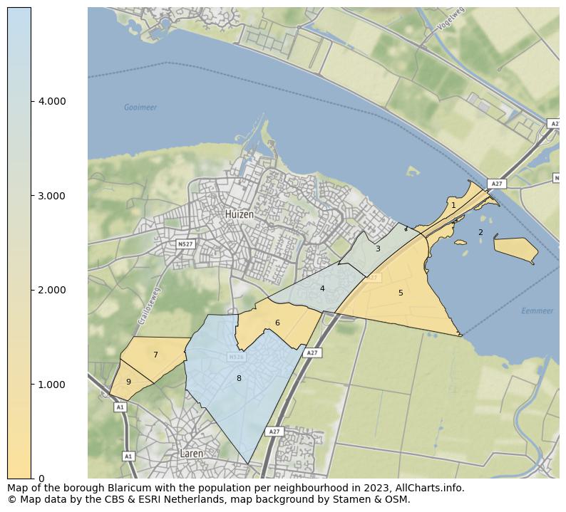 Map of the borough Blaricum with the population per neighbourhood in 2022. This page shows a lot of information about residents (such as the distribution by age groups, family composition, gender, native or Dutch with an immigration background, ...), homes (numbers, types, price development, use, type of property, ...) and more (car ownership, energy consumption, ...) based on open data from the Dutch Central Bureau of Statistics and various other sources!