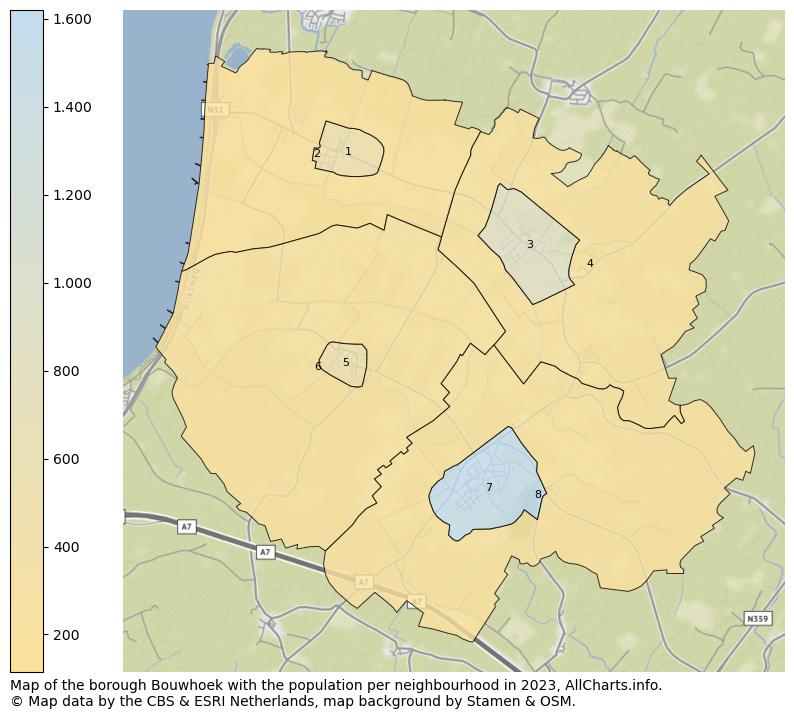 Map of the borough Bouwhoek with the population per neighbourhood in 2023. This page shows a lot of information about residents (such as the distribution by age groups, family composition, gender, native or Dutch with an immigration background, ...), homes (numbers, types, price development, use, type of property, ...) and more (car ownership, energy consumption, ...) based on open data from the Dutch Central Bureau of Statistics and various other sources!