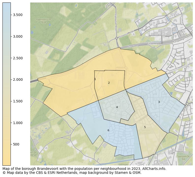 Map of the borough Brandevoort with the population per neighbourhood in 2023. This page shows a lot of information about residents (such as the distribution by age groups, family composition, gender, native or Dutch with an immigration background, ...), homes (numbers, types, price development, use, type of property, ...) and more (car ownership, energy consumption, ...) based on open data from the Dutch Central Bureau of Statistics and various other sources!