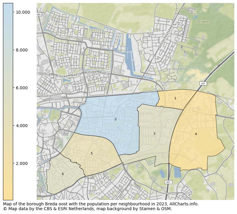 Map of the borough Breda oost with the population per neighbourhood in 2023. This page shows a lot of information about residents (such as the distribution by age groups, family composition, gender, native or Dutch with an immigration background, ...), homes (numbers, types, price development, use, type of property, ...) and more (car ownership, energy consumption, ...) based on open data from the Dutch Central Bureau of Statistics and various other sources!