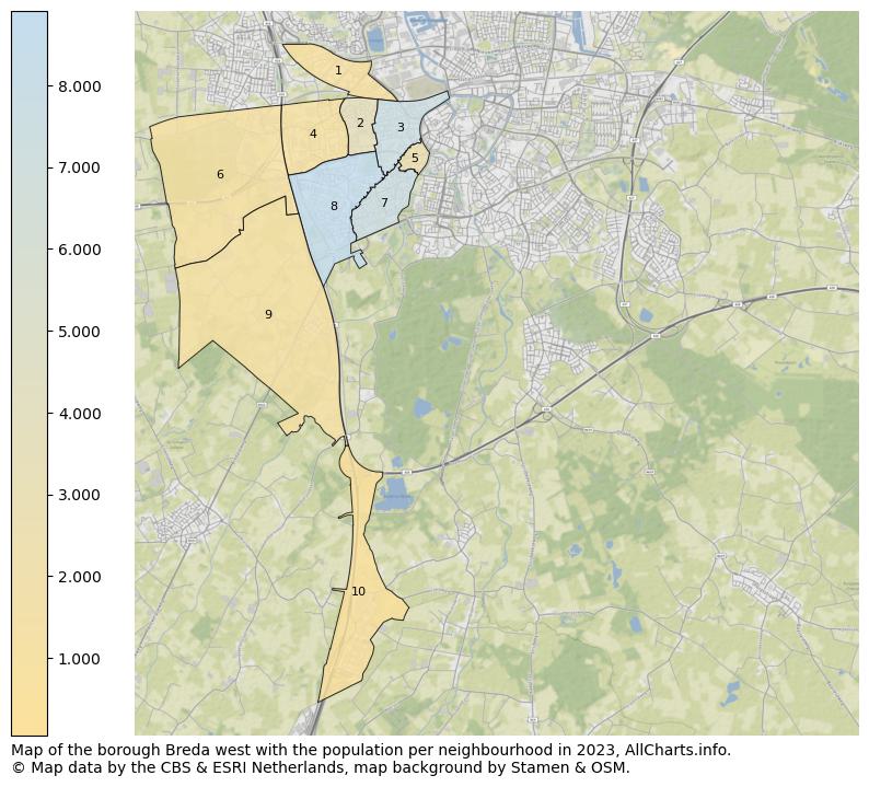 Map of the borough Breda west with the population per neighbourhood in 2023. This page shows a lot of information about residents (such as the distribution by age groups, family composition, gender, native or Dutch with an immigration background, ...), homes (numbers, types, price development, use, type of property, ...) and more (car ownership, energy consumption, ...) based on open data from the Dutch Central Bureau of Statistics and various other sources!