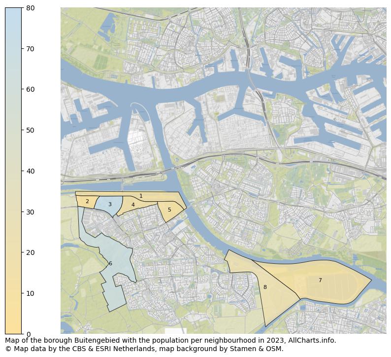 Map of the borough Buitengebied with the population per neighbourhood in 2023. This page shows a lot of information about residents (such as the distribution by age groups, family composition, gender, native or Dutch with an immigration background, ...), homes (numbers, types, price development, use, type of property, ...) and more (car ownership, energy consumption, ...) based on open data from the Dutch Central Bureau of Statistics and various other sources!