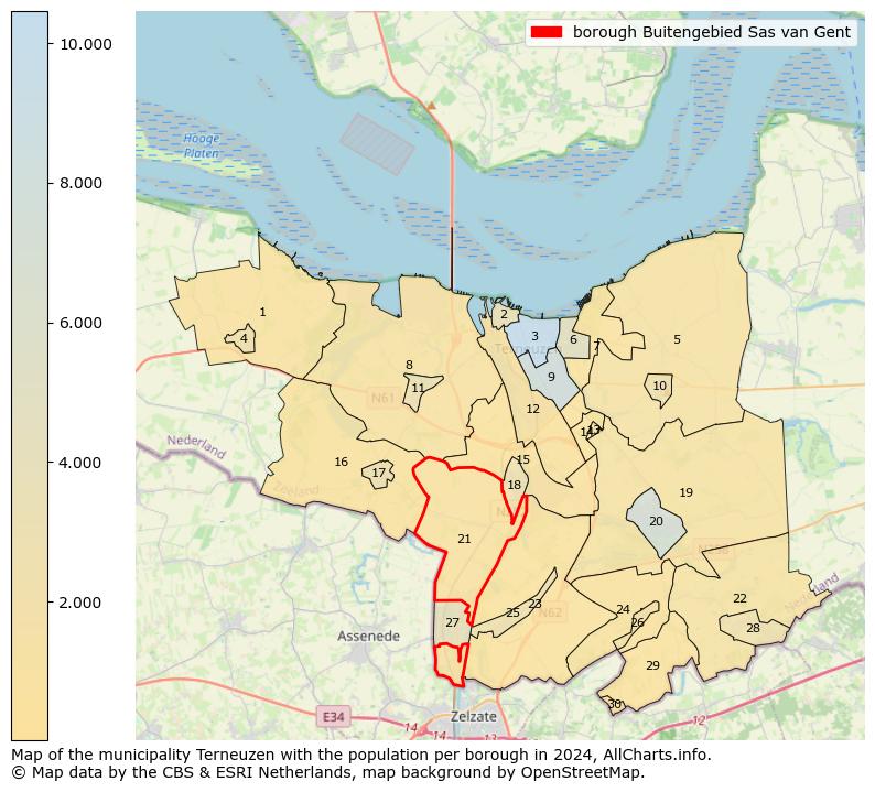 Image of the borough Buitengebied Sas van Gent at the map. This image is used as introduction to this page. This page shows a lot of information about the population in the borough Buitengebied Sas van Gent (such as the distribution by age groups of the residents, the composition of households, whether inhabitants are natives or Dutch with an immigration background, data about the houses (numbers, types, price development, use, type of property, ...) and more (car ownership, energy consumption, ...) based on open data from the Dutch Central Bureau of Statistics and various other sources!