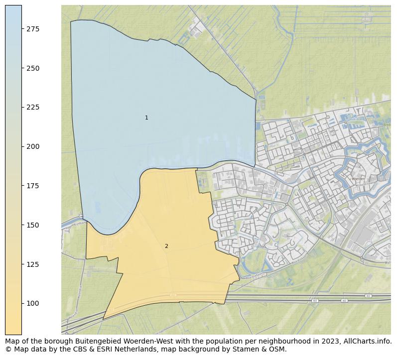 Map of the borough Buitengebied Woerden-West with the population per neighbourhood in 2023. This page shows a lot of information about residents (such as the distribution by age groups, family composition, gender, native or Dutch with an immigration background, ...), homes (numbers, types, price development, use, type of property, ...) and more (car ownership, energy consumption, ...) based on open data from the Dutch Central Bureau of Statistics and various other sources!
