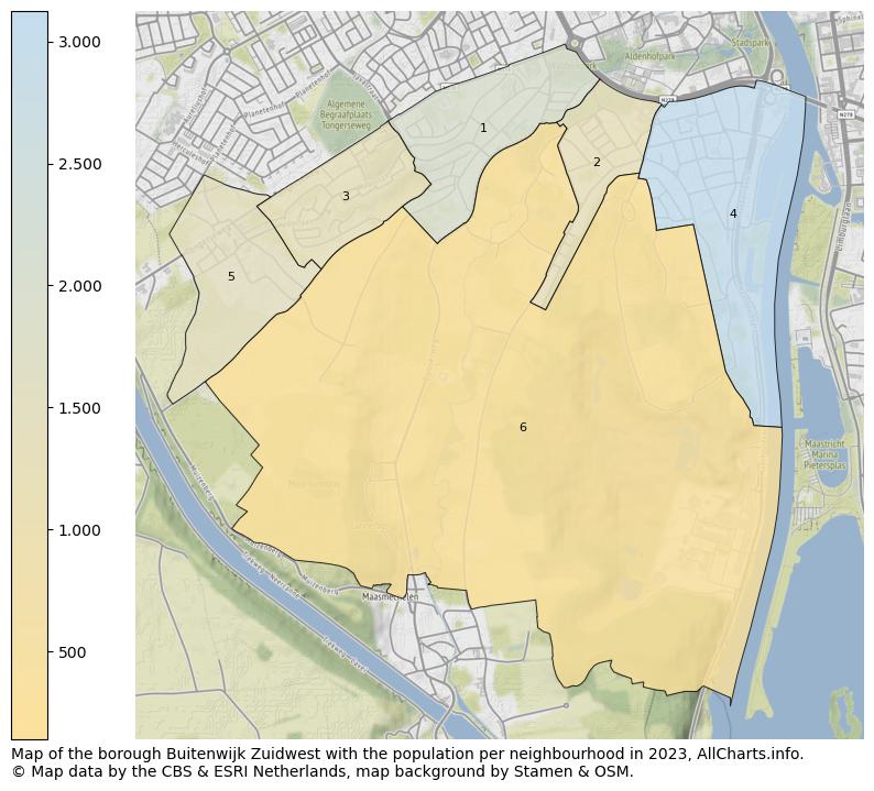Map of the borough Buitenwijk Zuidwest with the population per neighbourhood in 2023. This page shows a lot of information about residents (such as the distribution by age groups, family composition, gender, native or Dutch with an immigration background, ...), homes (numbers, types, price development, use, type of property, ...) and more (car ownership, energy consumption, ...) based on open data from the Dutch Central Bureau of Statistics and various other sources!