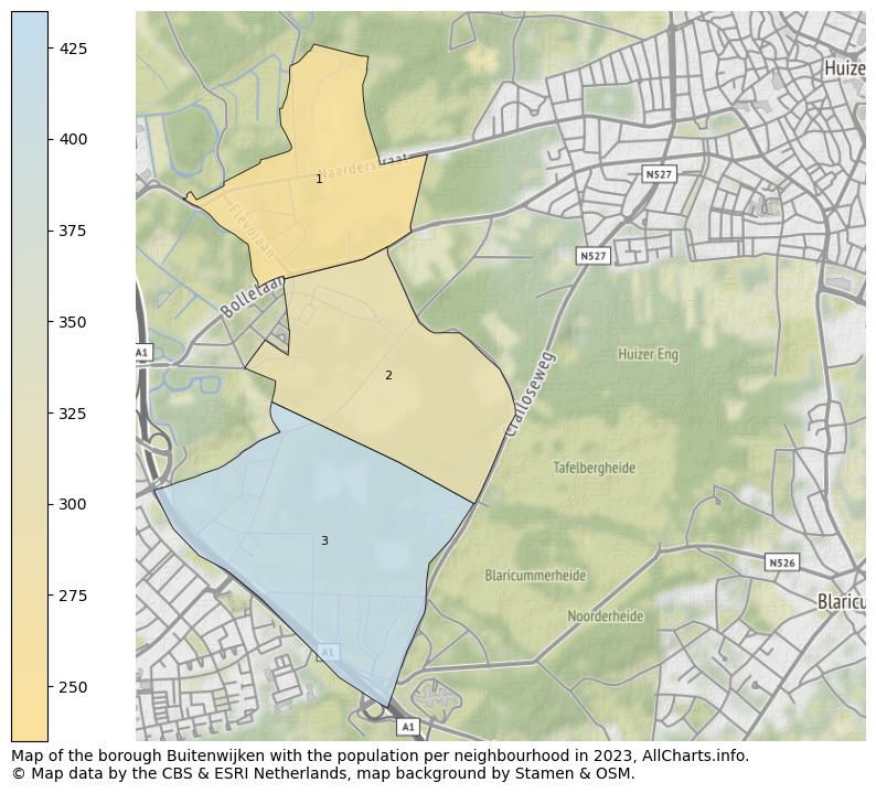 Map of the borough Buitenwijken with the population per neighbourhood in 2023. This page shows a lot of information about residents (such as the distribution by age groups, family composition, gender, native or Dutch with an immigration background, ...), homes (numbers, types, price development, use, type of property, ...) and more (car ownership, energy consumption, ...) based on open data from the Dutch Central Bureau of Statistics and various other sources!