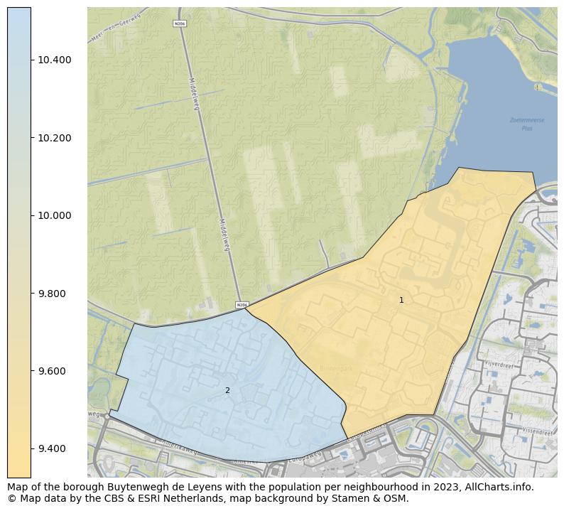 Map of the borough Buytenwegh de Leyens with the population per neighbourhood in 2023. This page shows a lot of information about residents (such as the distribution by age groups, family composition, gender, native or Dutch with an immigration background, ...), homes (numbers, types, price development, use, type of property, ...) and more (car ownership, energy consumption, ...) based on open data from the Dutch Central Bureau of Statistics and various other sources!