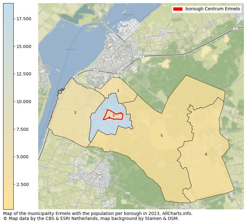 Map of the municipality Ermelo with the population per borough in 2023. This page shows a lot of information about residents (such as the distribution by age groups, family composition, gender, native or Dutch with an immigration background, ...), homes (numbers, types, price development, use, type of property, ...) and more (car ownership, energy consumption, ...) based on open data from the Dutch Central Bureau of Statistics and various other sources!