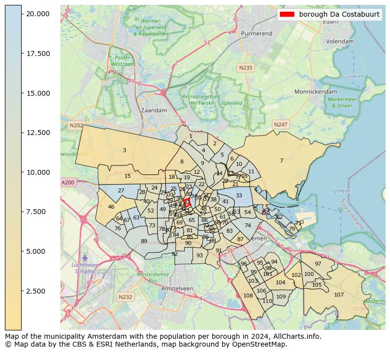 Image of the borough Da Costabuurt at the map. This image is used as introduction to this page. This page shows a lot of information about the population in the borough Da Costabuurt (such as the distribution by age groups of the residents, the composition of households, whether inhabitants are natives or Dutch with an immigration background, data about the houses (numbers, types, price development, use, type of property, ...) and more (car ownership, energy consumption, ...) based on open data from the Dutch Central Bureau of Statistics and various other sources!