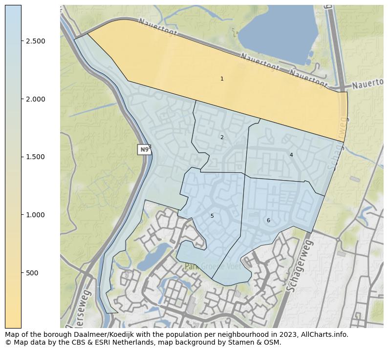 Map of the borough Daalmeer/Koedijk with the population per neighbourhood in 2023. This page shows a lot of information about residents (such as the distribution by age groups, family composition, gender, native or Dutch with an immigration background, ...), homes (numbers, types, price development, use, type of property, ...) and more (car ownership, energy consumption, ...) based on open data from the Dutch Central Bureau of Statistics and various other sources!