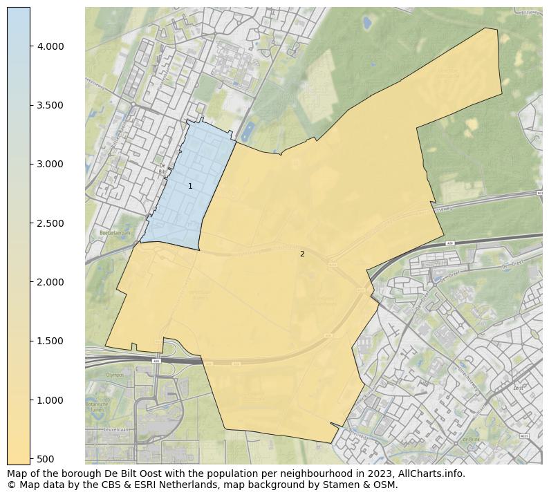 Map of the borough De Bilt Oost with the population per neighbourhood in 2023. This page shows a lot of information about residents (such as the distribution by age groups, family composition, gender, native or Dutch with an immigration background, ...), homes (numbers, types, price development, use, type of property, ...) and more (car ownership, energy consumption, ...) based on open data from the Dutch Central Bureau of Statistics and various other sources!