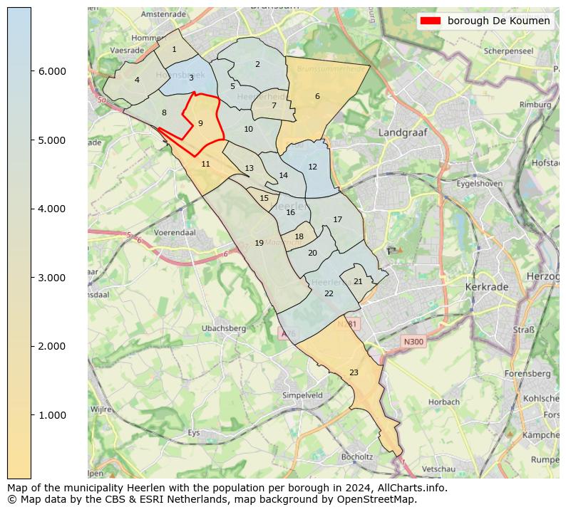 Image of the borough De Koumen at the map. This image is used as introduction to this page. This page shows a lot of information about the population in the borough De Koumen (such as the distribution by age groups of the residents, the composition of households, whether inhabitants are natives or Dutch with an immigration background, data about the houses (numbers, types, price development, use, type of property, ...) and more (car ownership, energy consumption, ...) based on open data from the Dutch Central Bureau of Statistics and various other sources!