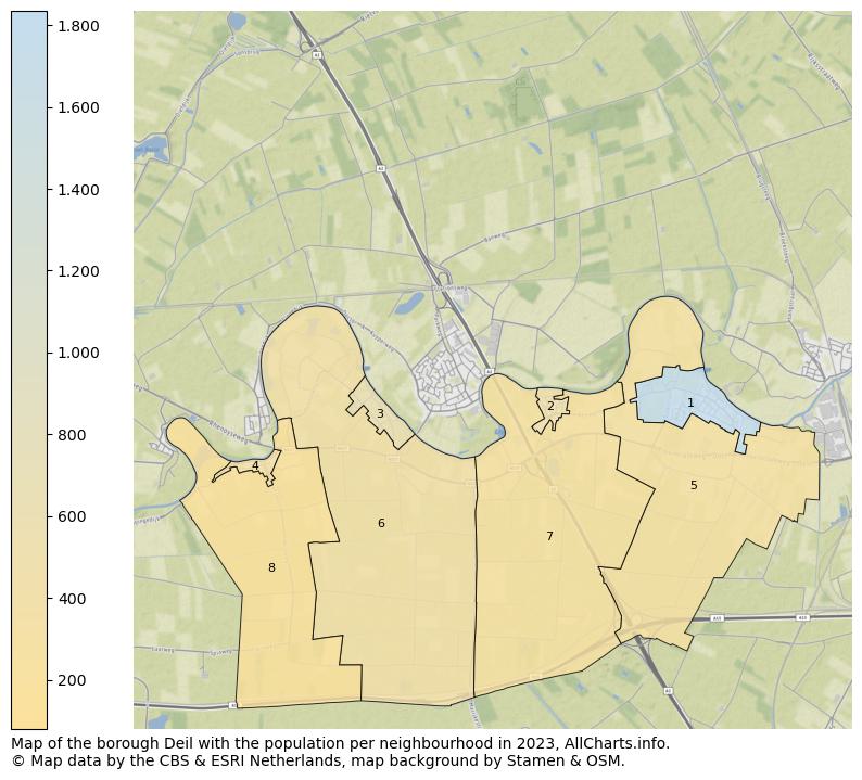 Map of the borough Deil with the population per neighbourhood in 2022. This page shows a lot of information about residents (such as the distribution by age groups, family composition, gender, native or Dutch with an immigration background, ...), homes (numbers, types, price development, use, type of property, ...) and more (car ownership, energy consumption, ...) based on open data from the Dutch Central Bureau of Statistics and various other sources!