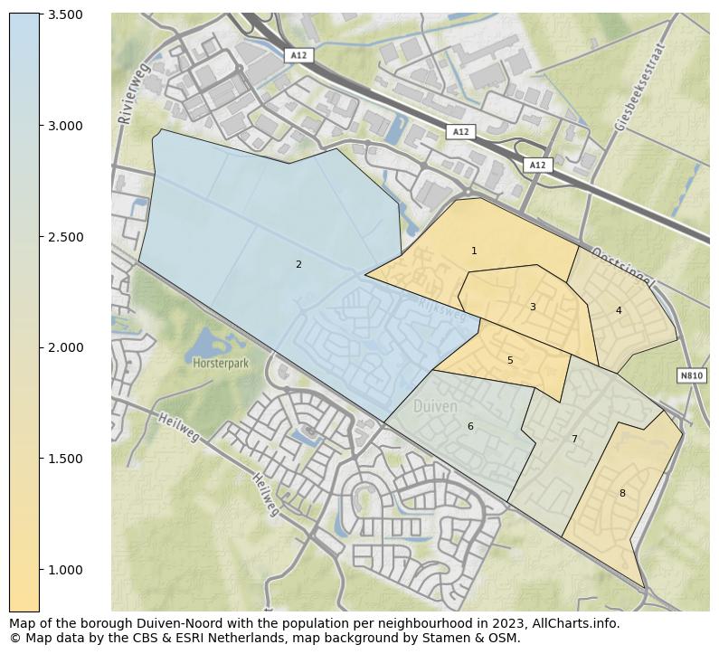 Map of the borough Duiven-Noord with the population per neighbourhood in 2023. This page shows a lot of information about residents (such as the distribution by age groups, family composition, gender, native or Dutch with an immigration background, ...), homes (numbers, types, price development, use, type of property, ...) and more (car ownership, energy consumption, ...) based on open data from the Dutch Central Bureau of Statistics and various other sources!