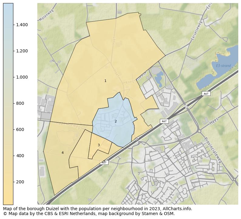 Map of the borough Duizel with the population per neighbourhood in 2023. This page shows a lot of information about residents (such as the distribution by age groups, family composition, gender, native or Dutch with an immigration background, ...), homes (numbers, types, price development, use, type of property, ...) and more (car ownership, energy consumption, ...) based on open data from the Dutch Central Bureau of Statistics and various other sources!