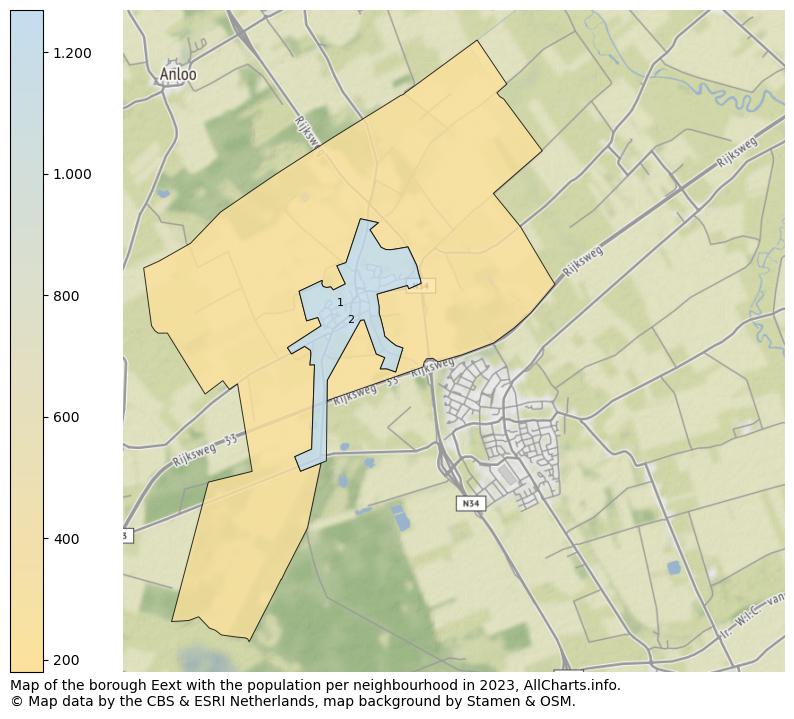 Map of the borough Eext with the population per neighbourhood in 2023. This page shows a lot of information about residents (such as the distribution by age groups, family composition, gender, native or Dutch with an immigration background, ...), homes (numbers, types, price development, use, type of property, ...) and more (car ownership, energy consumption, ...) based on open data from the Dutch Central Bureau of Statistics and various other sources!