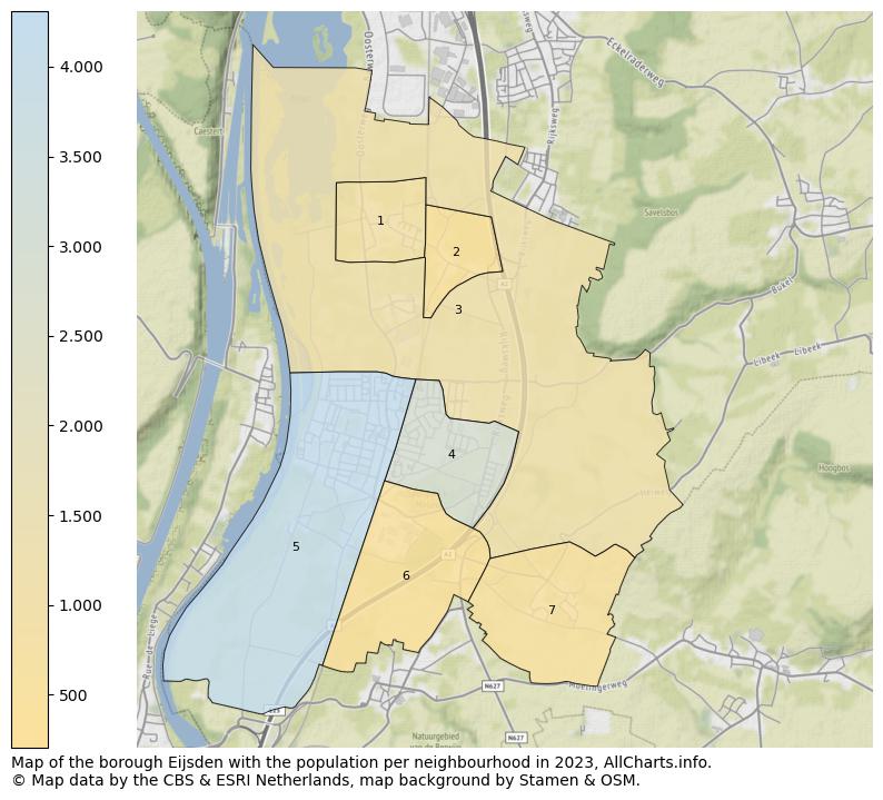 Map of the borough Eijsden with the population per neighbourhood in 2023. This page shows a lot of information about residents (such as the distribution by age groups, family composition, gender, native or Dutch with an immigration background, ...), homes (numbers, types, price development, use, type of property, ...) and more (car ownership, energy consumption, ...) based on open data from the Dutch Central Bureau of Statistics and various other sources!